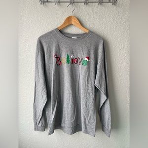 Homemade “Believe” Long Sleeve Grey Christmas Tee